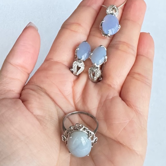 Vintage Natural Blue CHALCEDONY Sterling Silver 925 HEART Earrings Necklace SET - Picture 12 of 12